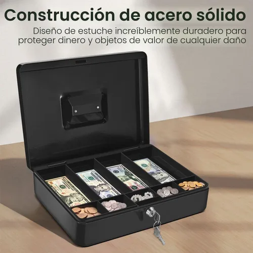 Vista 4 de Caja de Dinero Flexzion con Bandeja de Dinero y Cerradura - Caja de Dinero de Metal para Pequeñas Empresas, Caja de Dinero Negra de 9 Compartimentos