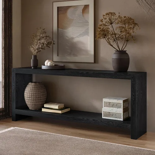 Vista 8 de LUMISOL Mesa de sofá de granja para detrás del sofá, mesa de entrada rústica de 2 niveles con chapa de madera, mesa consola rectangular delgada