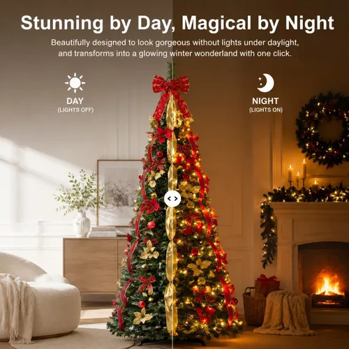 Vista 4 de Árbol de Navidad desplegable de 5 pies con luces LED Árbol artificial plegable preiluminado, decorado con Navidad, plegable para interiores, espacio