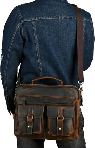 Vista 4 de Bolsa de lona resistente al agua + cuero para negocios, maletín de 14 pulgadas, para laptop, oficina, cartera, para hombres FBB207