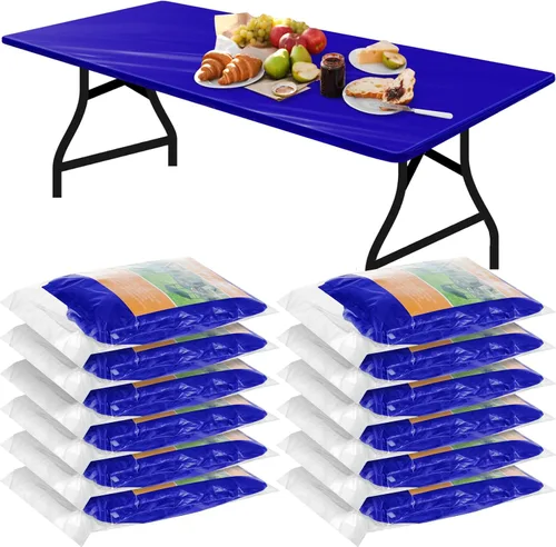 Vista 12 de Boao 12 piezas de manteles de plástico desechables para mesas con borde elástico ajustable, manteles rectangulares impermeables para mesas de Azul