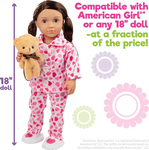 Vista 4 de Conjunto de 4 piezas de muñeca de pijama de corazón rojo y rosa con oso de peluche, ropa y accesorios de muñeca de 18 pulgadas compatibles