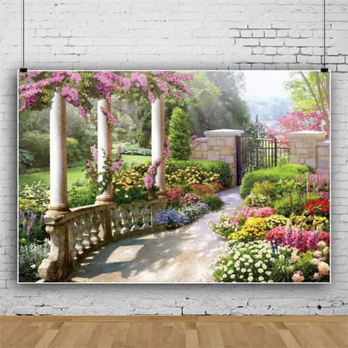 Vista 3 de Telón de fondo de 5 x 3 pies para fotografía de jardín primaveral hermoso, arquitectura vintage de jardín, pilares, flores en flor, fondo