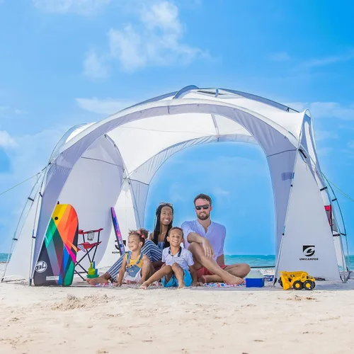 Vista 10 de UNICAMPER Tienda de playa de 12 x 12 pies, toldo desplegable grande UPF50+ con pared lateral de 2 piezas, refugio solar resistente a la lluvia