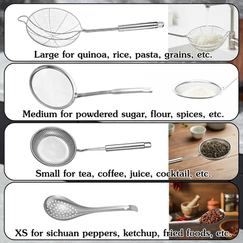 Vista 3 de Juego de 4 cucharas de colador de araña, colador de malla fina y cuchara espumadora de grasa, metal de acero inoxidable con coladores de alimentos
