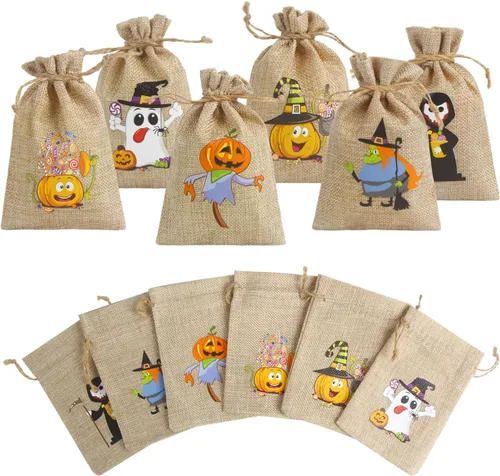 Vista 2 de LOKIPA 36 bolsas de regalo de arpillera de Halloween con cordón pequeñas bolsas de yute para niños y adultos, suministros de fiesta