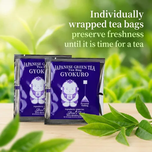 Vista 2 de [Den's Tea] Bolsas de té piramidales, auténtico té verde japonés de Shizuoka, Japón (paquete de 12) (Gyokuro (100 unidades)