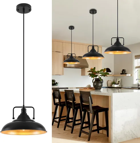 Vista 8 de Paquete de 1 lámpara colgante negra de 12.5 pulgadas, lámpara colgante de granja, iluminación colgante industrial, luces colgantes de cocina, luces