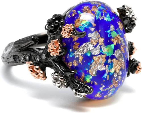 Vista 10 de Henrietta - Anillos de ópalo de fuego simulado para mujer, anillo de Negro