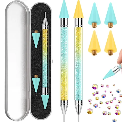 Vista 10 de 2 piezas de lápiz de cera con punta de diamante de imitación y pluma de punteado, selector de gemas de diamante de imitación de doble punta, lápiz