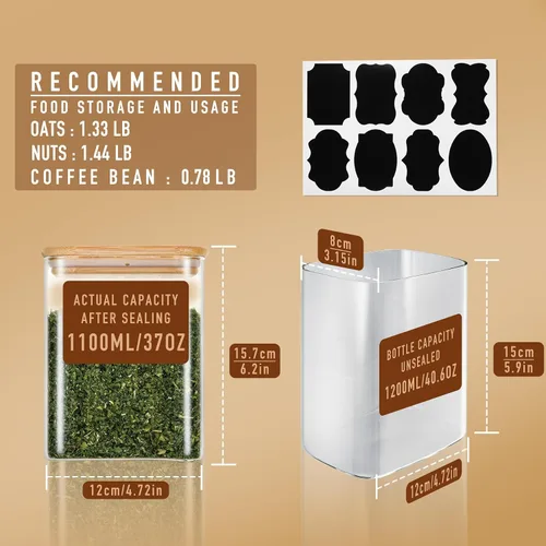 Vista 2 de D2scrma Contenedores herméticos rectangulares de vidrio de 37 onzas con tapas de bambú (juego de 4), tarro cuadrado de almacenamiento de alimentos