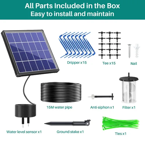 Vista 5 de Biling Sistema de riego por goteo solar, kit de riego por goteo de 3 W, riego inteligente programable digital para 15 plantas en maceta, jardín