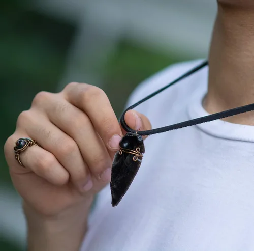 Vista 2 de Black Obsidian Arrowhead Necklace - Antique Bronze Wire Wrapped Pendant - 24 inch Black Leather Cord - Gift for Him