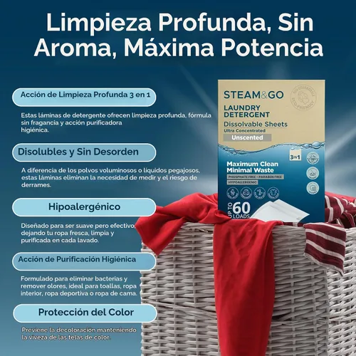 Vista 2 de Steam & Go 3 en 1 hojas de detergente solubles para ropa, hipoalergénicas