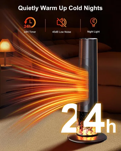 Vista 5 de Calentador de espacio en torre con termostato ajustable para habitaciones grandes, oscilación de 60°, control remoto y temporizador de 12 horas