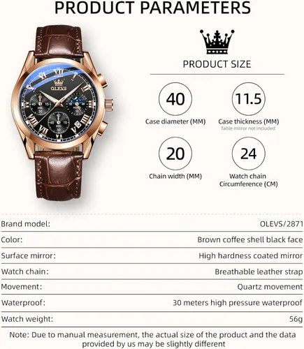 Vista 6 de OLEVS - Reloj de pulsera de cuero para hombre, analógico de cuarzo, cronógrafo de lujo con fecha, impermeable, luminoso - Estilo de vestir