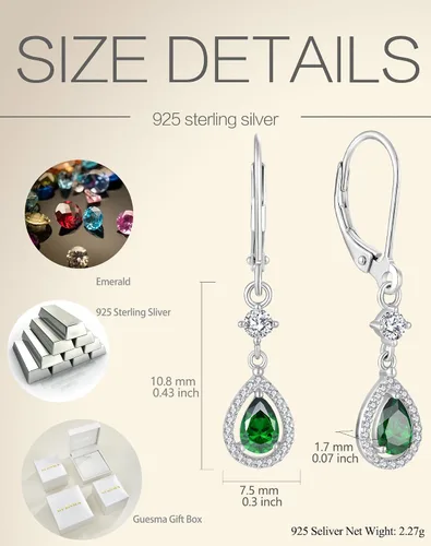 Vista 6 de Aretes colgantes de cristal para mujer, aretes Guesma de 0.236 x 0.157 pulgadas, diseño de lágrima, piedra natal creada, plata esterlina 925, aretes