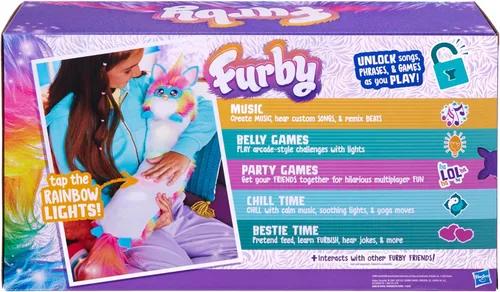 Vista 13 de FURBY Juguete Interactivo DJ, Peluche Electrónico Súper Suave Arcoíris con Música, Luces, Movimiento y Juegos, Habla Inglés y Furbish, 32 Pulgadas