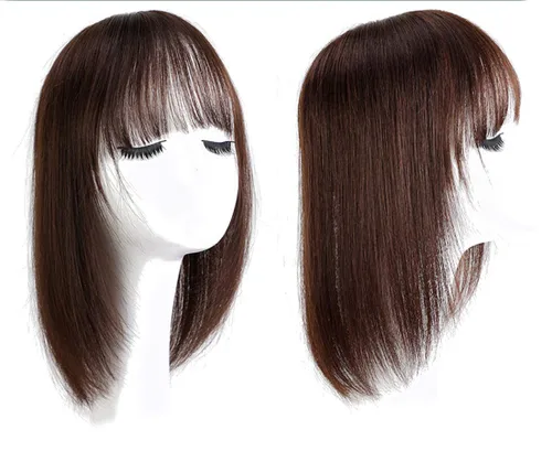 Vista 5 de Peluca de cabello humano real para mujer, con flequillo, 8 pulgadas, color marrón oscuro