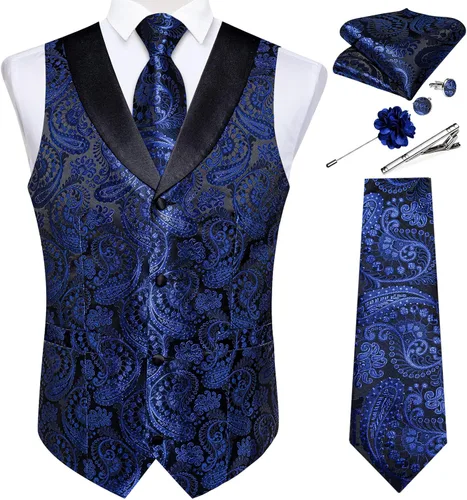 Vista 26 de DiBanGu Chaleco de traje de cachemira para hombre, chaleco jacquard de seda y corbata, chaleco formal de cuello de chal, 7 piezas para fiesta