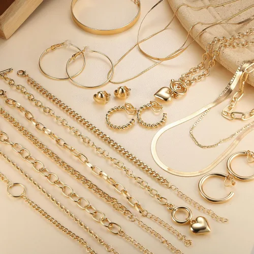 Vista 2 de Drperfect Juego de joyas de oro y plata para mujer, collar de cadena de corazón de moda, collar, pulsera, clip, aretes, accesorios de joyería