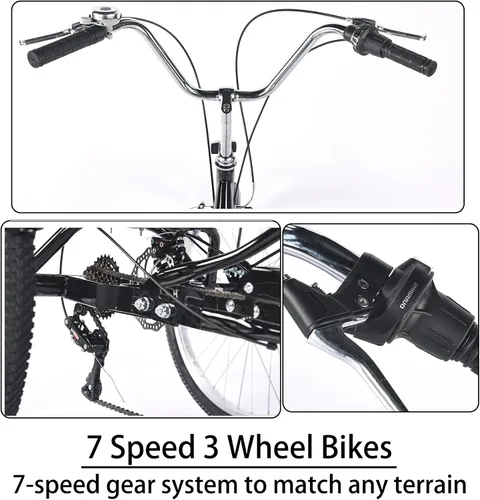 Vista 7 de Triciclo para adultos de 7 velocidades, bicicletas de 3 ruedas con asiento trasero, triciclo para adultos de 20/24 pulgadas, ruedas bajas con cesta