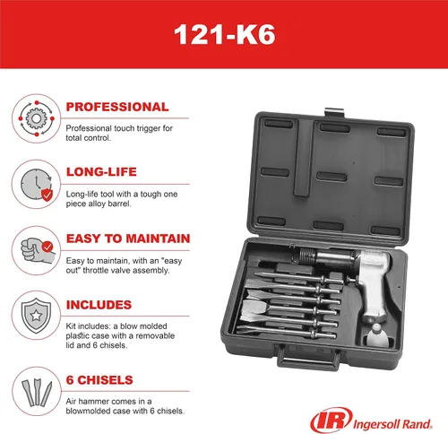 Vista 2 de Ingersoll Rand Kit de martillo de aire 121-K6 Super Duty 121Q Tool Plus 6 piezas cinceles con estuche de almacenamiento, gatillo táctil para control