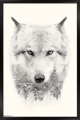 Vista 7 de Trends International Póster de pared de lobo - árboles, 14.725 x 22.375 pulgadas, versión enmarcada de madera de granero