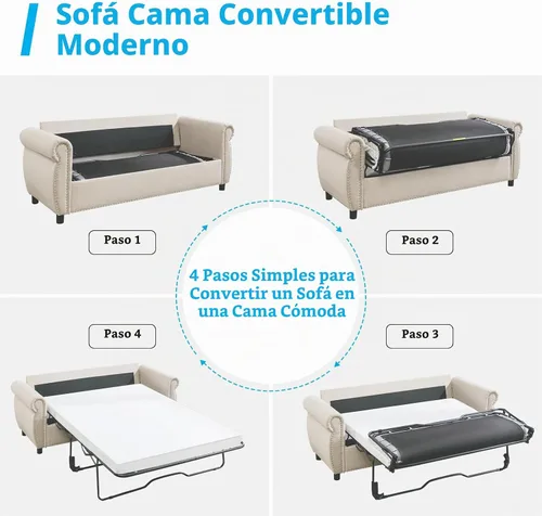 Vista 8 de Mjkone Sofá cama extraíble de tamaño matrimonial con colchón de espuma de 3.2 pulgadas, sofá cama convertible 2 en 1 con reposabrazos de cabeza