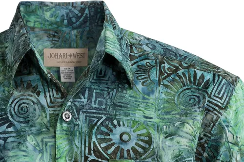 Vista 3 de Johari West Camisa de batik hawaiana tropical de verano de Antigua, Azul