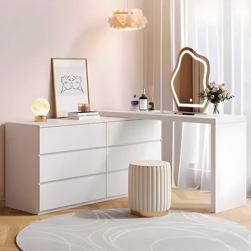 Vista 2 de LAKIQ Moderno juego de escritorio de maquillaje blanco con taburete de espejo, tocador ajustable de madera fabricada con 6 cajones de almacenamiento
