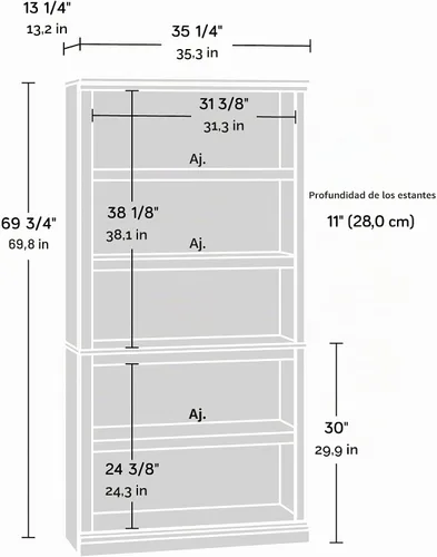 Vista 3 de Estantería de 5 niveles de Sauder, estantería de madera multiusos para oficina en casa, sala de estar, en castaño tiza