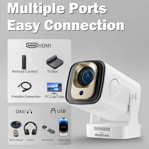 Vista 6 de Mini proyector con WiFi y Bluetooth, proyector portátil de 260 Ansi Proyector de película nativo 1080P, Keystone automático, altavoz de 5 W, soporte