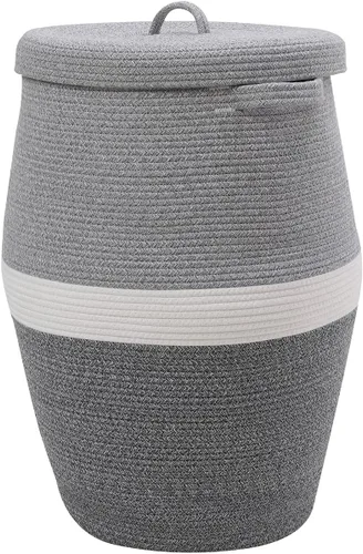 Vista 26 de Cesta alta de cuerda de algodón hecha a mano de 26"x20" con tapa, elegante forma de frasco con cubierta, cesto para ropa con tapa, para dormitorio