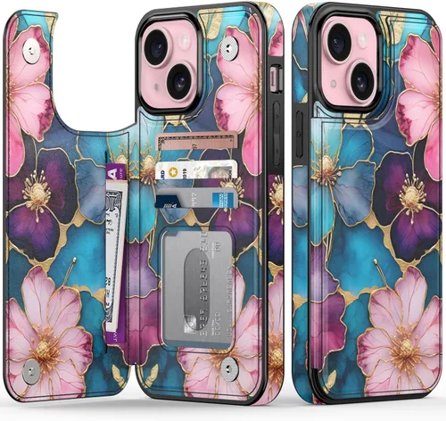 Vista 33 de FUNMIKO Funda tipo cartera para iPhone 15 con tarjetero + clip para efectivo, bloqueo RFID, protección contra caídas de grado militar y obras