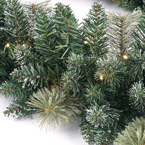 Vista 5 de Guirnalda de Navidad Preiluminada de 9 Pies con 50 Luces LED, Guirnalda de Navidad Estilo Nieve, Decoración Navideña a Batería para Repisa