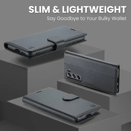 Vista 6 de FLIPALM - Funda tipo cartera para Samsung Galaxy S21 FE 5G, color negro Titular de la tarjeta, bloqueo RFID, cuero PU Folio Flip, Kickstand