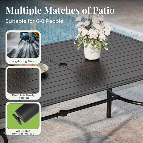 Vista 4 de MIXPATIO Juego de comedor de 7 piezas para exteriores, 6 sillas rojas de textileno y mesa rectangular de acero con agujero para parasol de 1,97