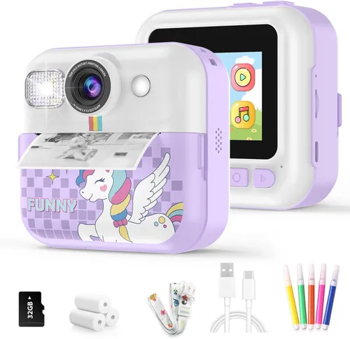 Vista 12 de Cámara para Niños Varones, Cámara de Juguete Portátil de Impresión Azul para Niños Pequeños 1080P Cámaras de Video Niños Cámara de Impresión