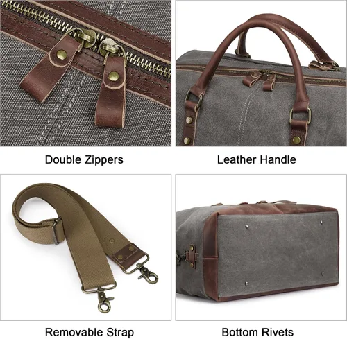 Vista 12 de S-ZONE - Bolsa de viaje de lona sobredimensionada con adornos de cuero genuino, bolsa deportiva de hombro de fin de semana, bolso de fin de semana