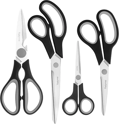 Vista 8 de Tijeras de cocina, cuchillas de acero inoxidable, agarre suave, juego de tijeras de cocina multiusos resistentes, negro/verde, juego de 4 piezas