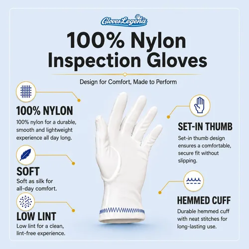 Vista 3 de Guantes de inspección de nylon blancos para la joyería, moneda, reloj y manejo de arte