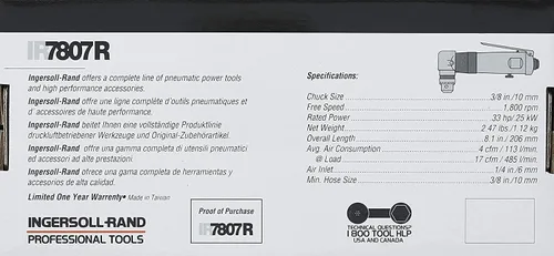 Vista 6 de Ingersoll Rand 7807R Taladro angular de aire reversible de 3/8 pulgadas, servicio estándar, 1800 RPM, mandril multimanualidades Jacobs silencioso