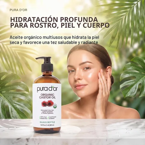 Vista 6 de PURA D'OR ORGANIC Castor Oil (GLASS BOTTLE) Pure Cold-Pressed, 16.9oz