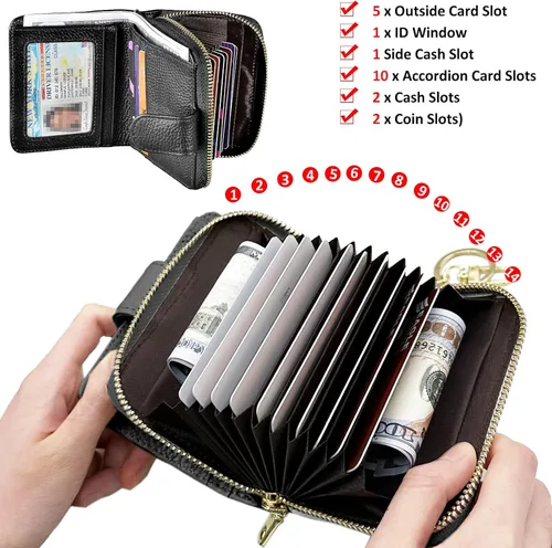 Vista 4 de Beurlike billetera de cuero, con tarjetero con bloqueo RFID, organizador, billetera segura para mujer