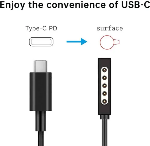 Vista 3 de Cable de carga USB C para Surface RT y Pro 1 2 (negro de 6 pies), funciona con cargador USB-C de 15 V/3A 45 W, compatible con Microsoft Surface 1512