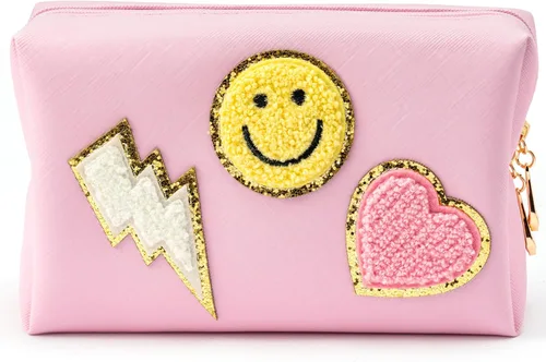Vista 11 de LieToi - Bolsa de aseo pequeña con parche preparado, sonrisa, relámpago, corazón, arcoíris, de piel sintética, bolsa de maquillaje impermeable Azul