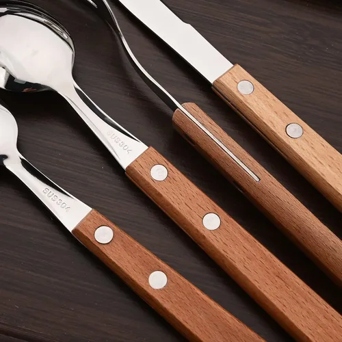 Vista 4 de Juego de cubiertos de madera de acero inoxidable 304 con mango ancho, juego de cubiertos de madera duradera, utensilios reutilizables, espejo