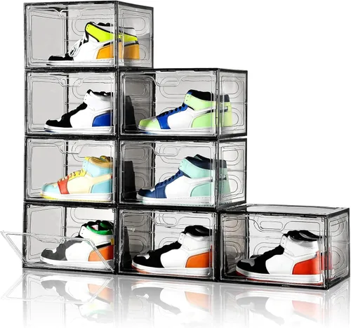 Vista 9 de Amllas Paquete de 8 cajas de zapatos de plástico negro apilables, organizador de almacenamiento de zapatos grande, contenedores de zapatos