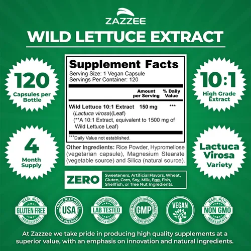 Vista 2 de Zazzee Extracto de lechuga silvestre extra fuerte 4:1, 500 mg de fuerza, 120 cápsulas veganas, potente variedad Lactuca Virosa, extracto 4X